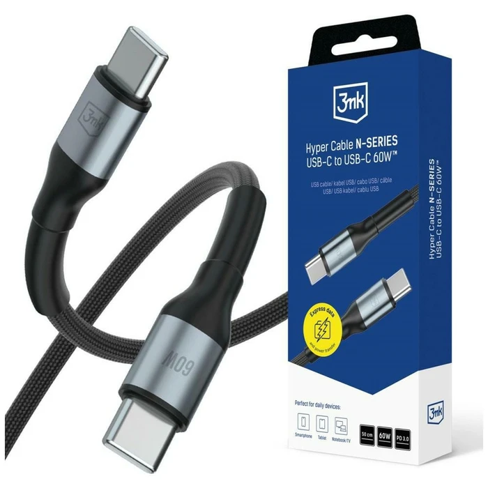 3MK Hyper Cable N-SERIES USB-C USB-C 50cm PD 3.0 QC 3.0 20V/3A 60W black