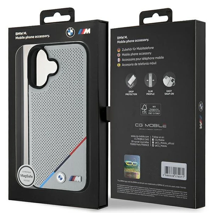 BMW Apple iPhone 16 hardcase M Perforated Tricolor Line MagSafe grey