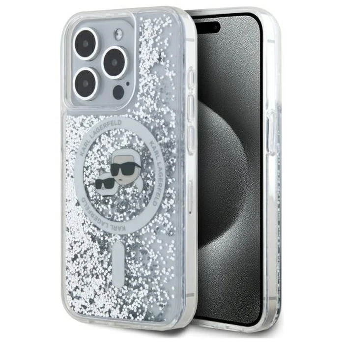 Karl Lagerfeld Apple iPhone 15 Pro hardcase Liquid Glitter Karl&Choupette Head MagSafe transparent