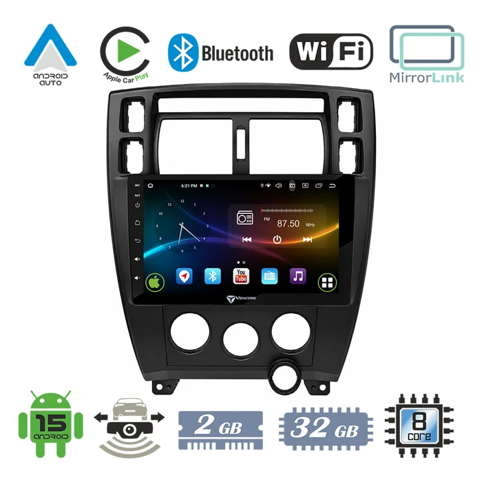 VenCore 3236-10008-0712B - Android 15 10.1" Multimedia Head Unit for Hyundai Tucson 2004-2010, MTK6762 Octa-Core, 2GB/32GB, IPS, CarPlay & Android Auto, AHD Rear Camera Support - Black