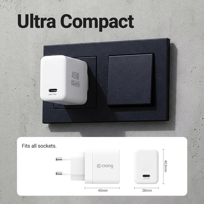 Crong Ultra Compact Wall Charger GaN USB-C 45W PD 3.0 z PPS (white)