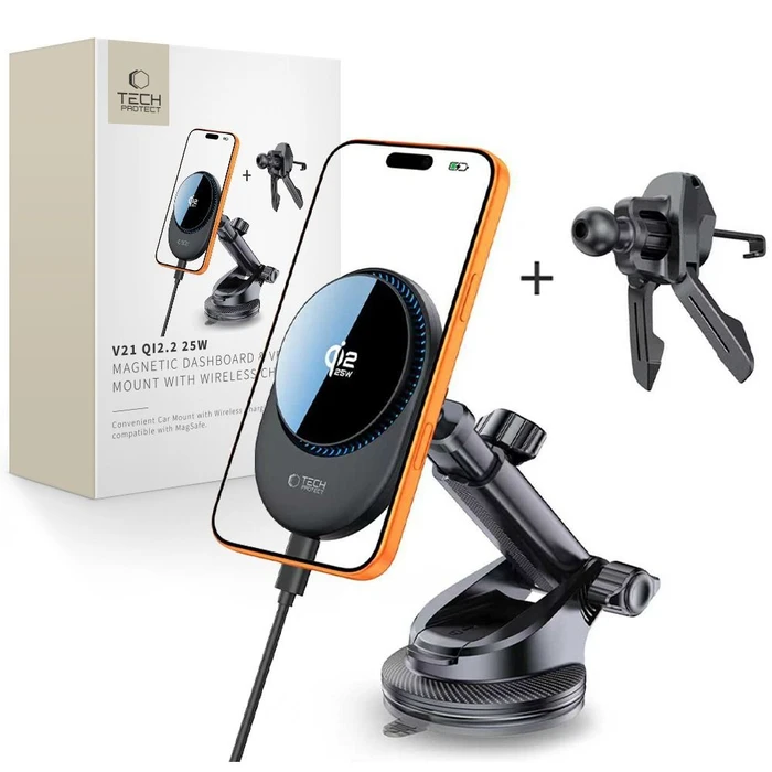 Tech-Protect V21 Magnetic MagSafe Dashboard & Vent Car Mount Wireless Charger 25W Qi2.2 Black