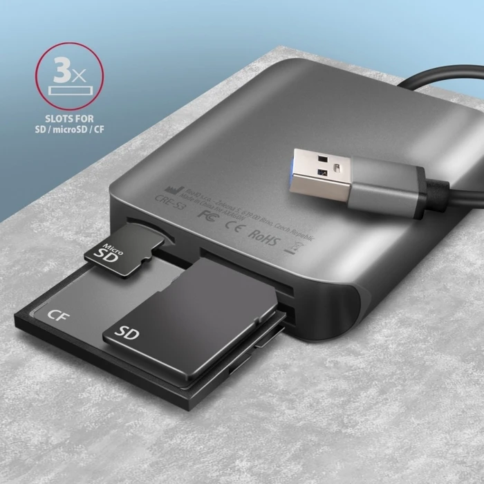 Card Reader Axagon Cre-S3 External Usb-A 3.2 Gen 1, 3-Slot & Lun Sd/Microsd/Cf, Uhs-Ii