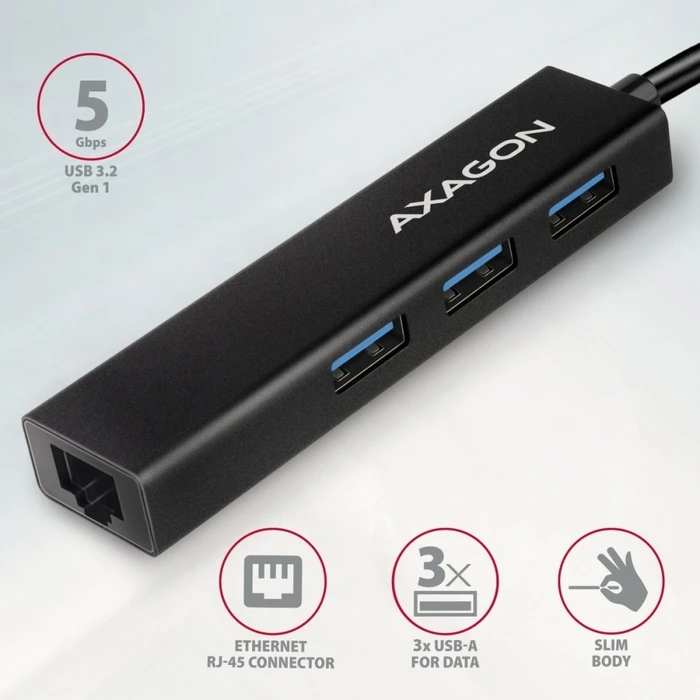 USB Hub Axagon Network Card Hmc-Gl3a 3x Usb-A + Glan, Usb 3.2 Gen 1 , Metal, 20cm Usb-C Cable