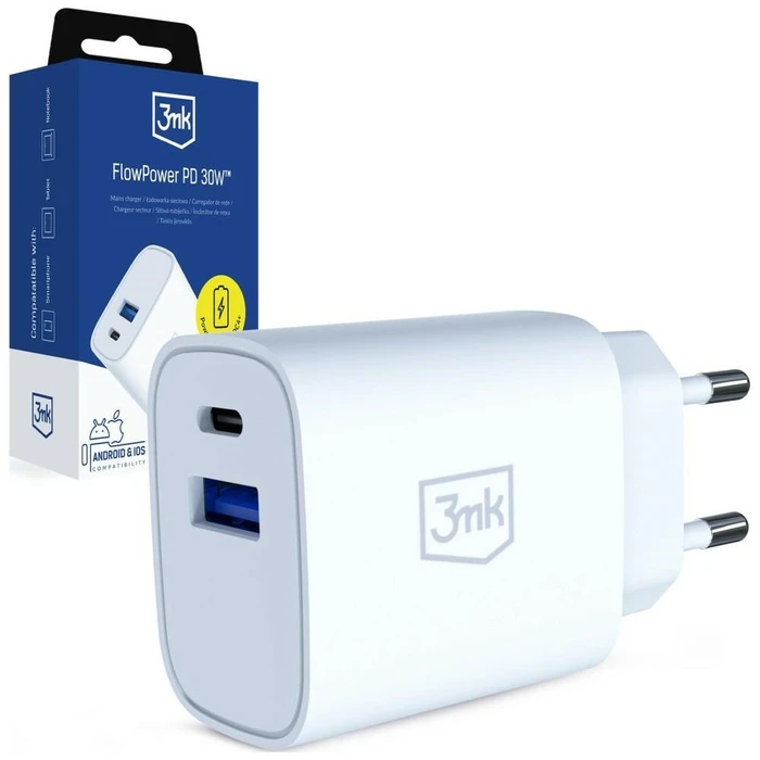 3MK FlowPower USB-A + USB-C 30W PD 3.0 QC4+ Wall Charger White