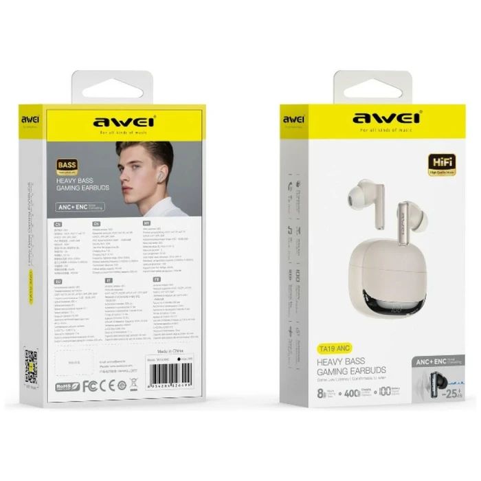 AWEI TA19 ANC Wireless In-Ear Headphones Bluetooth 6.0 TWS + Docking Station Beige
