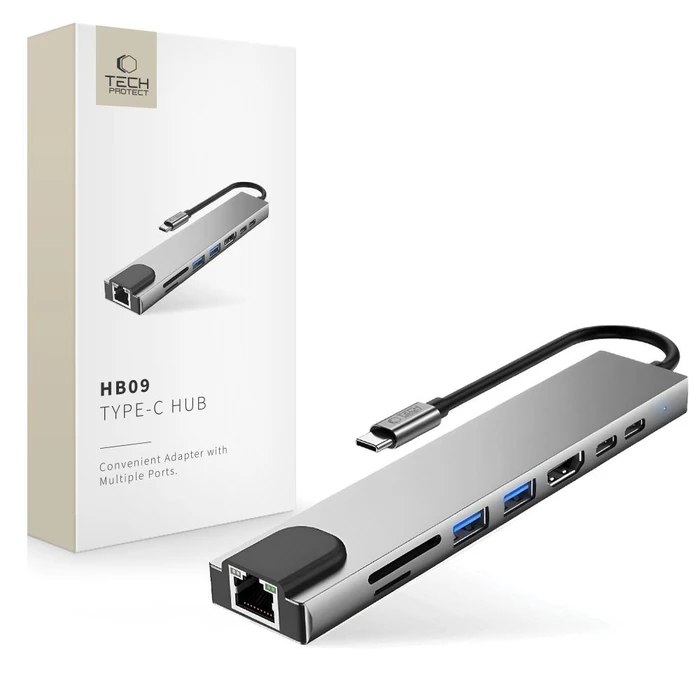 Tech-Protect HB09 Hub Adapter 8in1 USB-C / 2xUSB-A 3.0, USB-C 3.0, USB-C PD 100W, HDMI 4K 60Hz, SD/TF, RJ45 1000Mb/s Space Grey