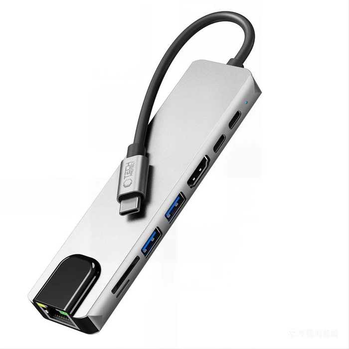 Tech-Protect HB09 Hub Adapter 8in1 USB-C / 2xUSB-A 3.0, USB-C 3.0, USB-C PD 100W, HDMI 4K 60Hz, SD/TF, RJ45 1000Mb/s Space Grey