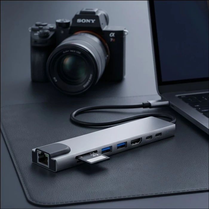 Tech-Protect HB09 Hub Adapter 8in1 USB-C / 2xUSB-A 3.0, USB-C 3.0, USB-C PD 100W, HDMI 4K 60Hz, SD/TF, RJ45 1000Mb/s Space Grey