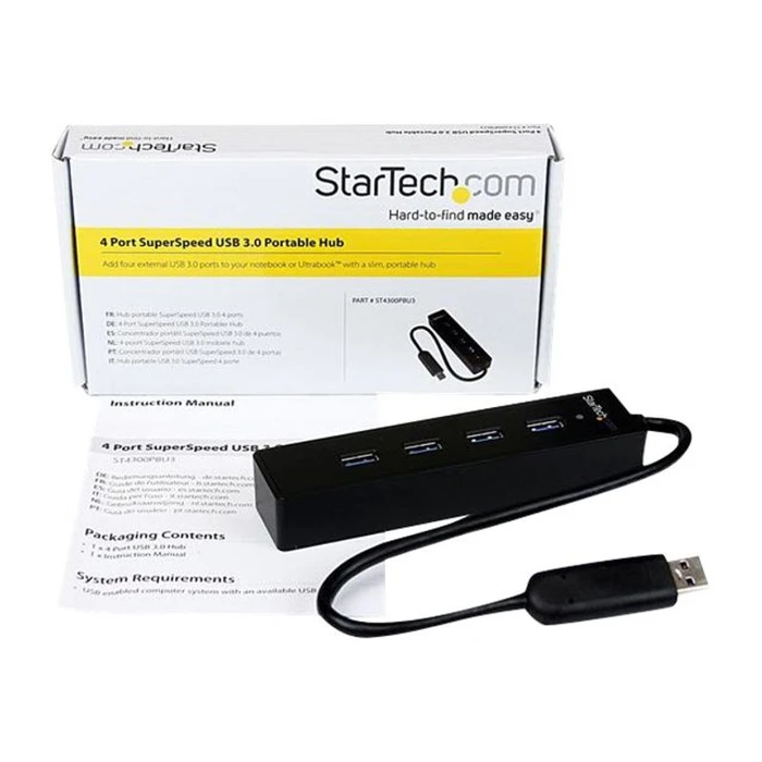 USB Hub StarTech 4 Port USB 3.0 SuperSpeed Hub - Black - Portable external with built-in cable hub - 4 ports