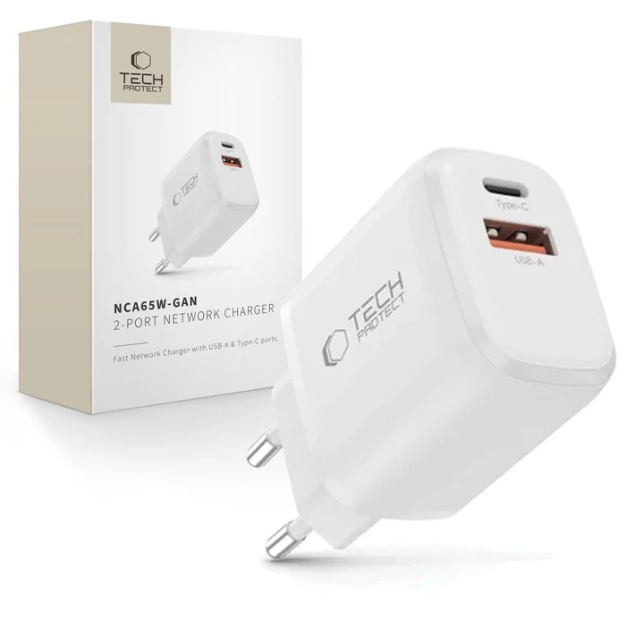 Tech-Protect NCA65W-GAN USB-A, USB-C Network Charger PD 65W / QC3.0 White