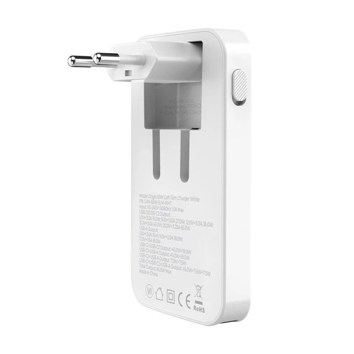 Φορτιστής Mobile Origin 65W GaN Slim διπλός USB-C + USB-A, λευκό