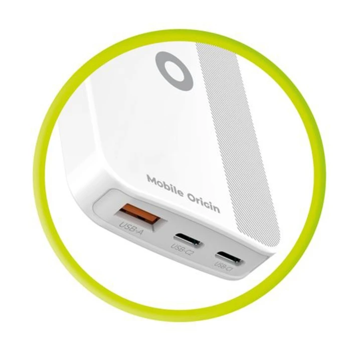 Φορτιστής Mobile Origin 65W GaN Slim διπλός USB-C + USB-A, λευκό