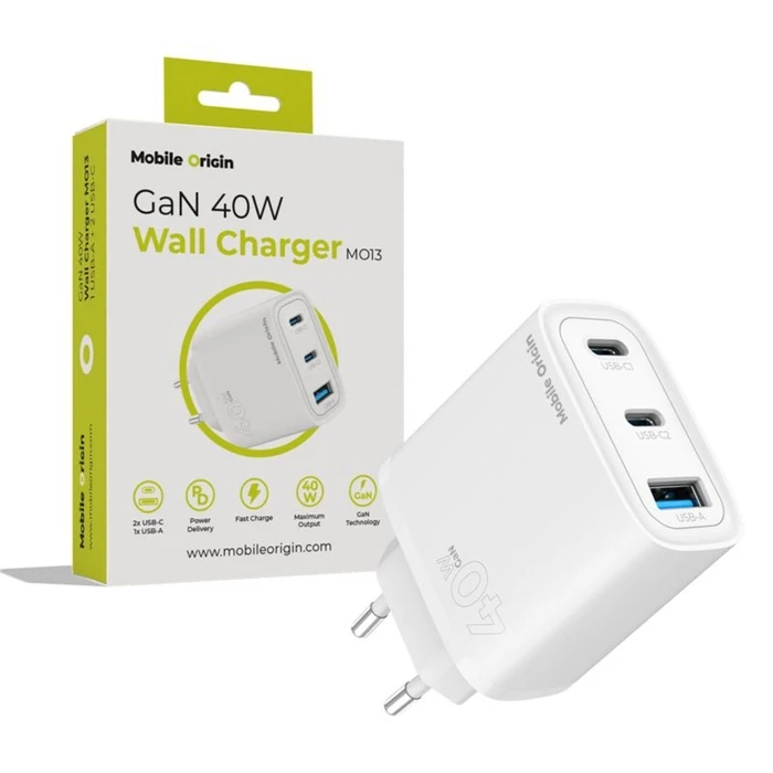 Φορτιστής Mobile Origin 40W GaN MO13 (1x USB-A + 2x USB-C)