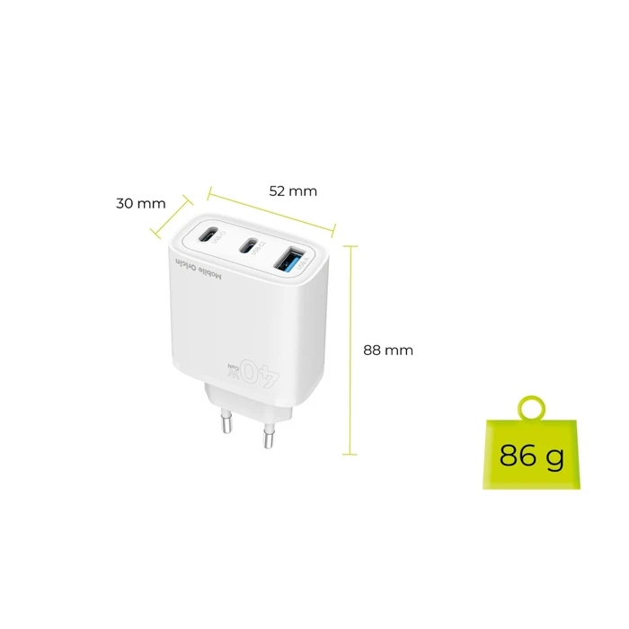 Φορτιστής Mobile Origin 40W GaN MO13 (1x USB-A + 2x USB-C)