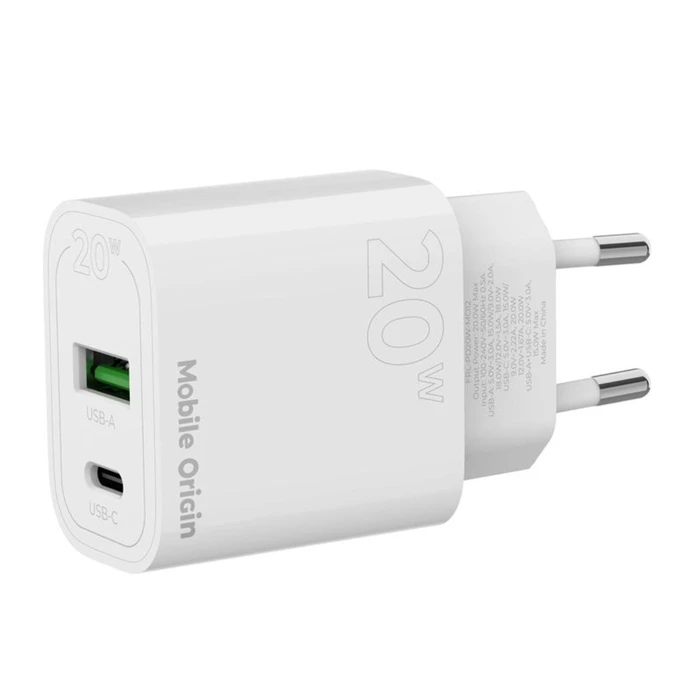 Φορτιστής Τοίχου Mobile Origin PD20W MO12 λευκό (1x USB-A + 1x USB-C)