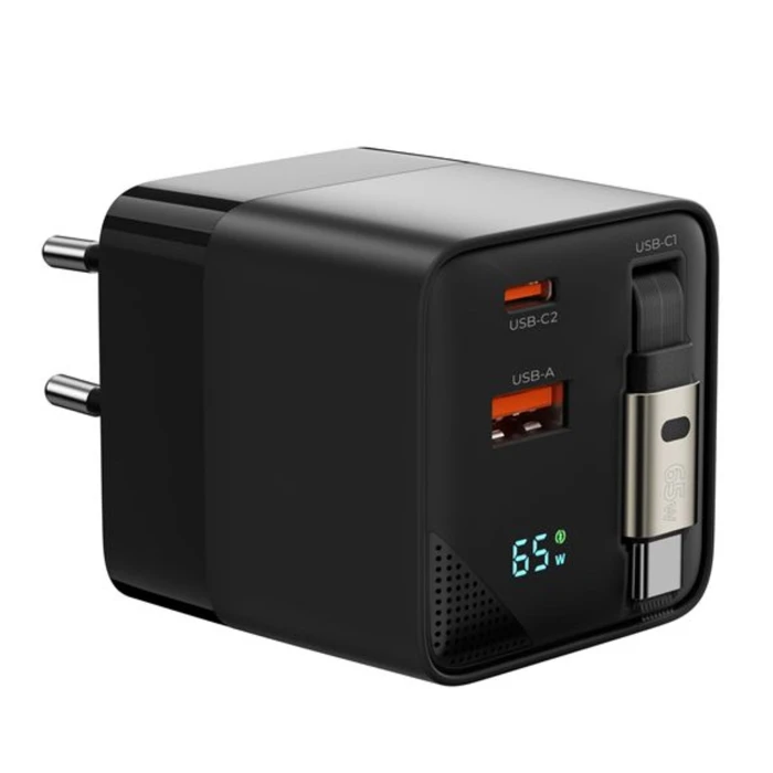 Φορτιστής Mobile Origin 65W GaN Display PW2 με ενσωματωμένο καλώδιο USB-C & θύρα USB-A (MO-65WDCH-PW2)