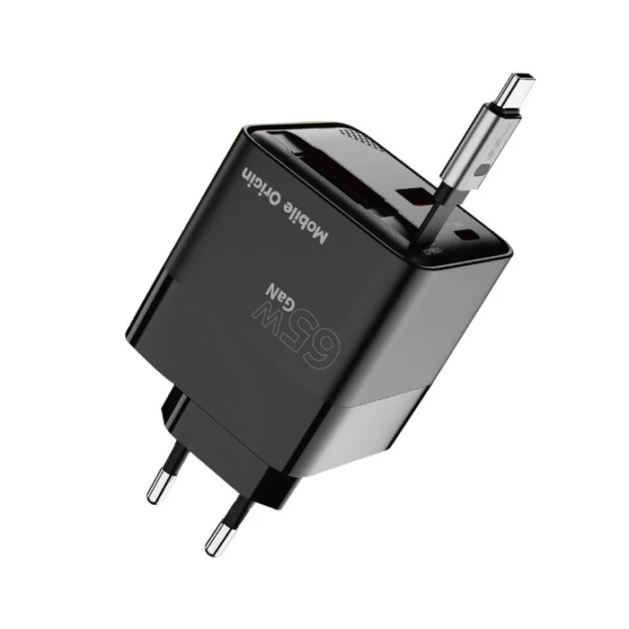 Φορτιστής Mobile Origin 65W GaN Display PW2 με ενσωματωμένο καλώδιο USB-C & θύρα USB-A (MO-65WDCH-PW2)