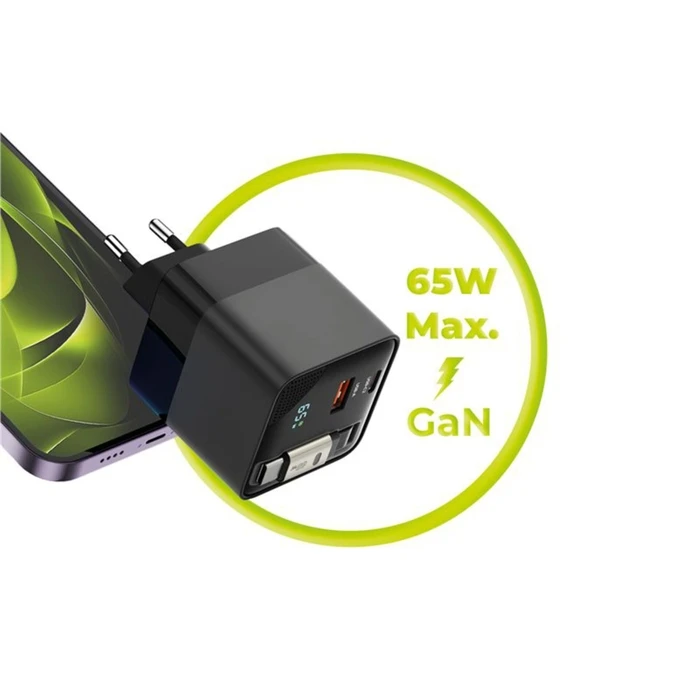 Φορτιστής Mobile Origin 65W GaN Display PW2 με ενσωματωμένο καλώδιο USB-C & θύρα USB-A (MO-65WDCH-PW2)