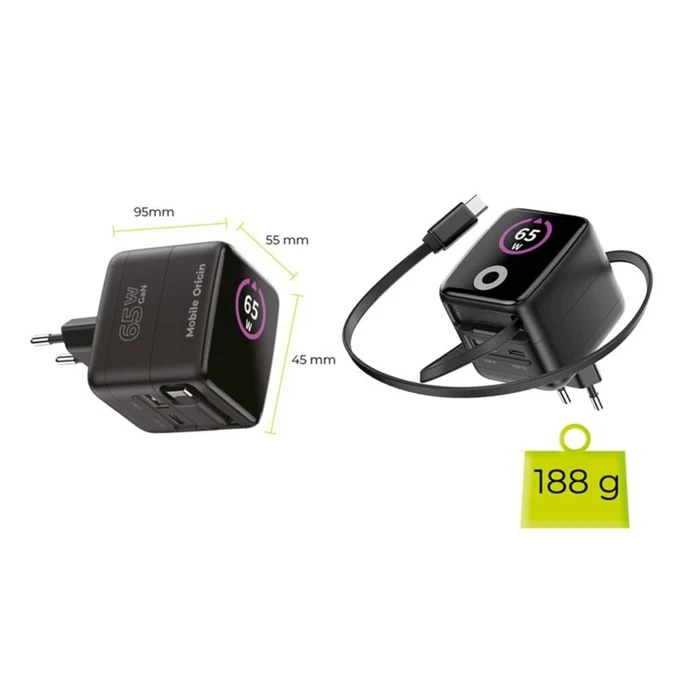 Φορτιστής Mobile Origin 65W GaN PW3 με καλώδιο USB-C 65cm + USB-A