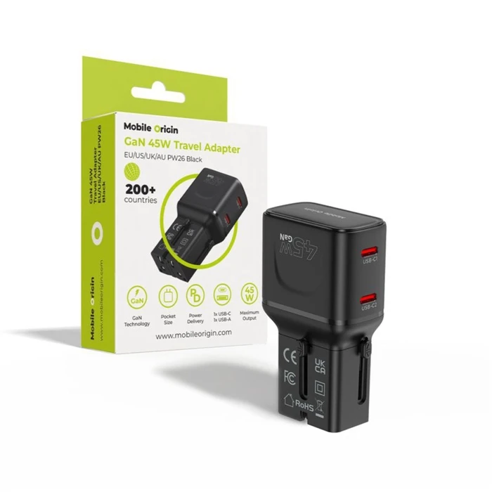 Mobile Origin GaN 45W Ταξιδιωτικός Φορτιστής EU/US/UK/AU PW26 Μαύρο