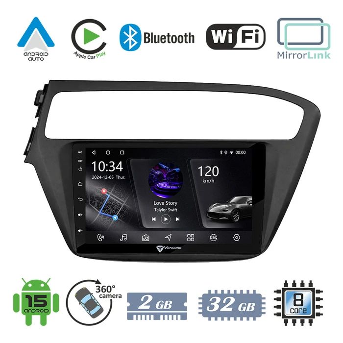 VenCore 3236-10005-0509B - Οθόνη Multimedia Android 15 9" PX5S Octa-Core 2GB/32GB IPS με Πρόσοψη, CarPlay, Android Auto και Υποστήριξη Κάμερας 360° για Hyundai i20 2018-2020 – Μαύρη