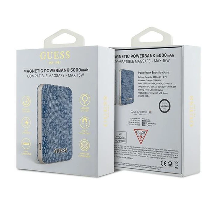 Induction Powerbank Guess GUPB5FP4EMGB 5000mAh 15W 4G Leather Metal Logo MagSafe blue