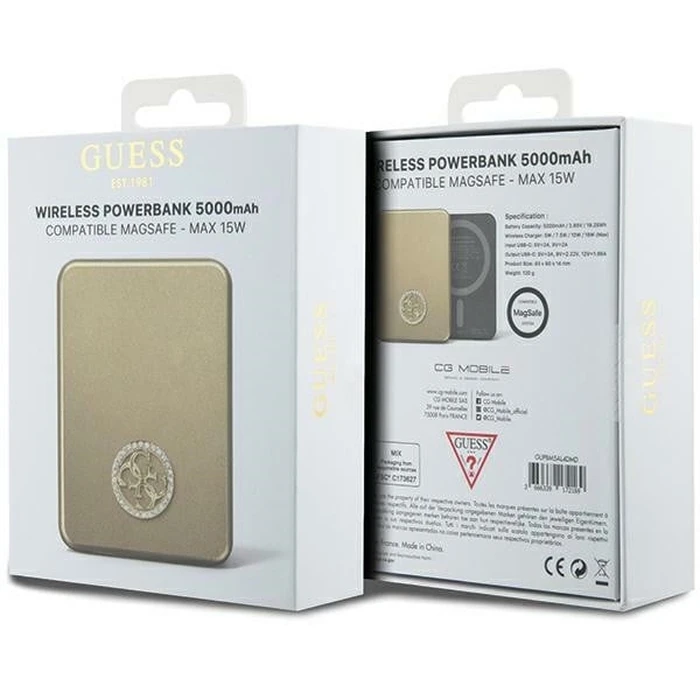 Induction Powerbank Guess GUPBM5AL4DMD 5000mAh 15W MagSafe 4G Strassed Metal Logo gold