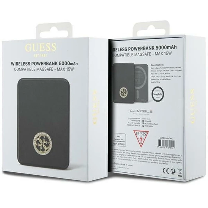 Induction Powerbank Guess GUPBM5AL4DMK 5000mAh 15W MagSafe 4G Strassed Metal Logo black