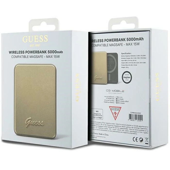 Induction Powerbank Guess GUPBM5ALGSGD 5000mAh 15W MagSafe Metal Script Logo gold