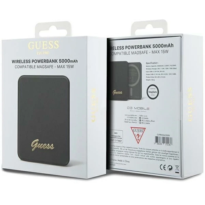 Induction Powerbank Guess GUPBM5ALGSGK 5000mAh 15W MagSafe Metal Script Logo black