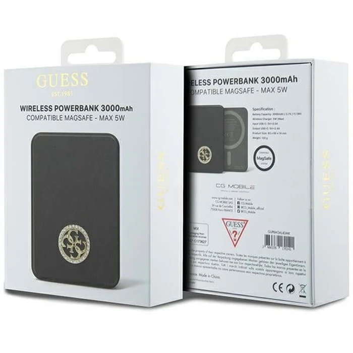 Induction Powerbank Guess GUPBM3AL4DMK 3000mAh 5W MagSafe 4G Strassed Metal Logo black