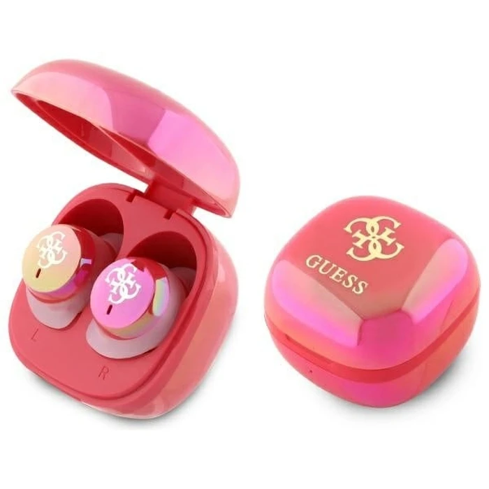Wireless TWS in-ear headphones Guess GUTWSJ144ESF + docking station Iridescent 4G Printed Logo fuchsia