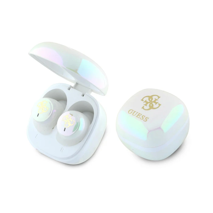 Wireless TWS in-ear headphones Guess GUTWSJ144ESH + docking station Iridescent 4G Printed Logo white