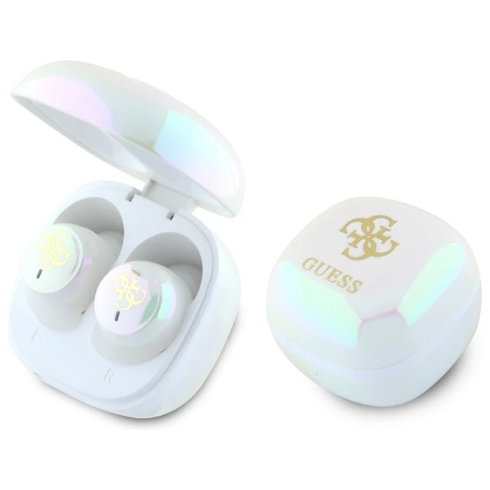 Wireless TWS in-ear headphones Guess GUTWSJ144ESH + docking station Iridescent 4G Printed Logo white