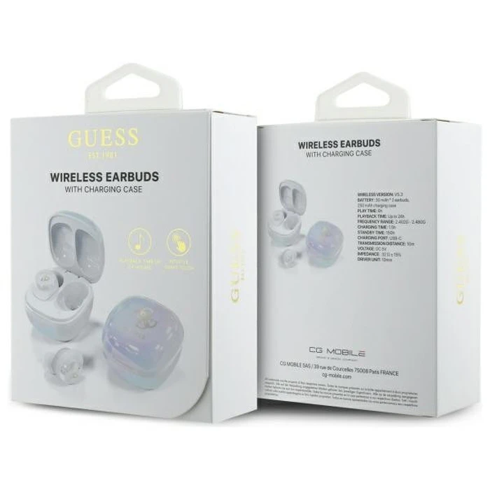 Wireless TWS in-ear headphones Guess GUTWSJ144ESH + docking station Iridescent 4G Printed Logo white