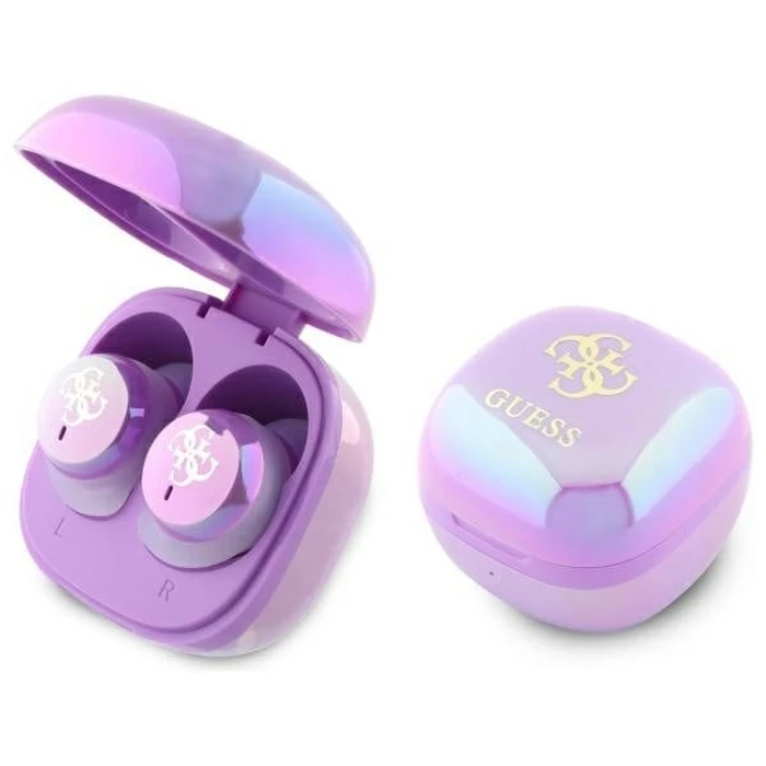 Wireless TWS in-ear headphones Guess GUTWSJ144ESU + docking station Iridescent 4G Printed Logo purple