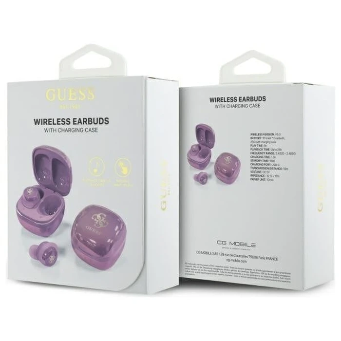 Wireless TWS in-ear headphones Guess GUTWSJ144ESU + docking station Iridescent 4G Printed Logo purple