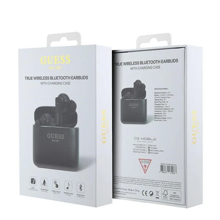 Wireless TWS in-ear headphones Guess GUTWSSU20ALEGK + docking station Printed Logo black