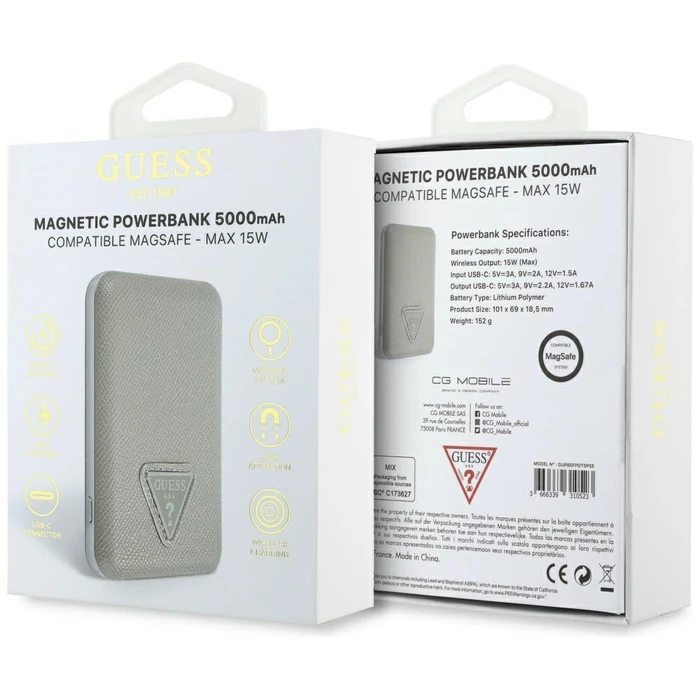 Induction Powerbank Guess Grained Triangle 5000mAh 15W USB-C MagSafe beige