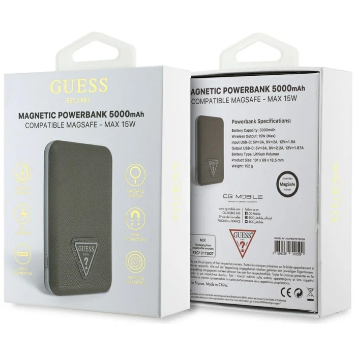 Induction Powerbank Guess Grained Triangle 5000mAh 15W USB-C MagSafe brown
