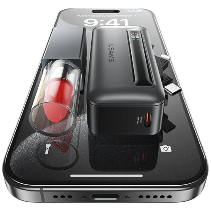 USAMS XB-Series CD233 5000mAh PD 20W Power Bank with USB-C / Lightning Cable Silver