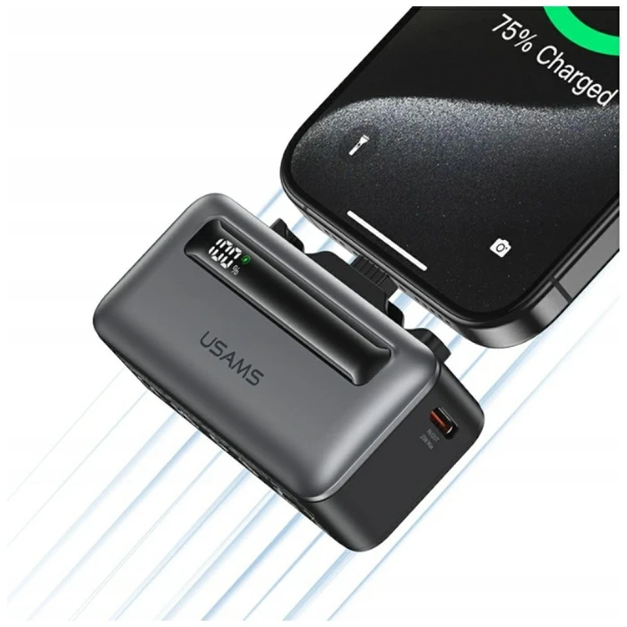 USAMS XB-Series CD233 5000mAh PD 20W Power Bank with USB-C / Lightning Cable Silver