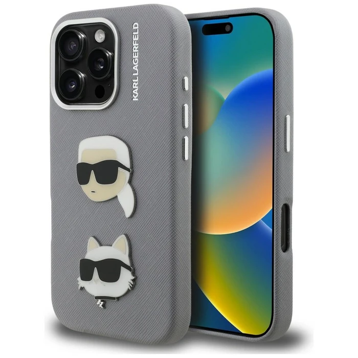 Karl Lagerfeld FW Grained Karl & Choupette Heads Pins Apple iPhone 16 Pro Max grey