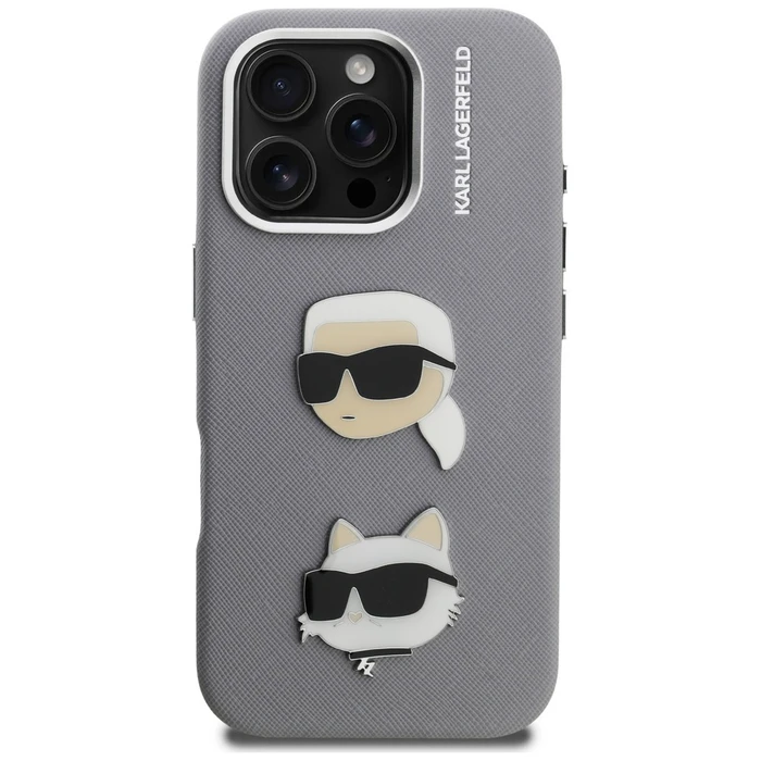 Karl Lagerfeld FW Grained Karl & Choupette Heads Pins Apple iPhone 16 Pro Max grey