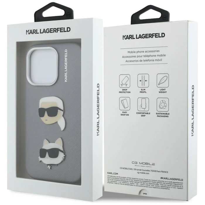 Karl Lagerfeld FW Grained Karl & Choupette Heads Pins Apple iPhone 16 Pro Max grey