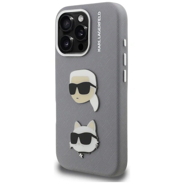 Karl Lagerfeld FW Grained Karl & Choupette Heads Pins Apple iPhone 16 Pro grey