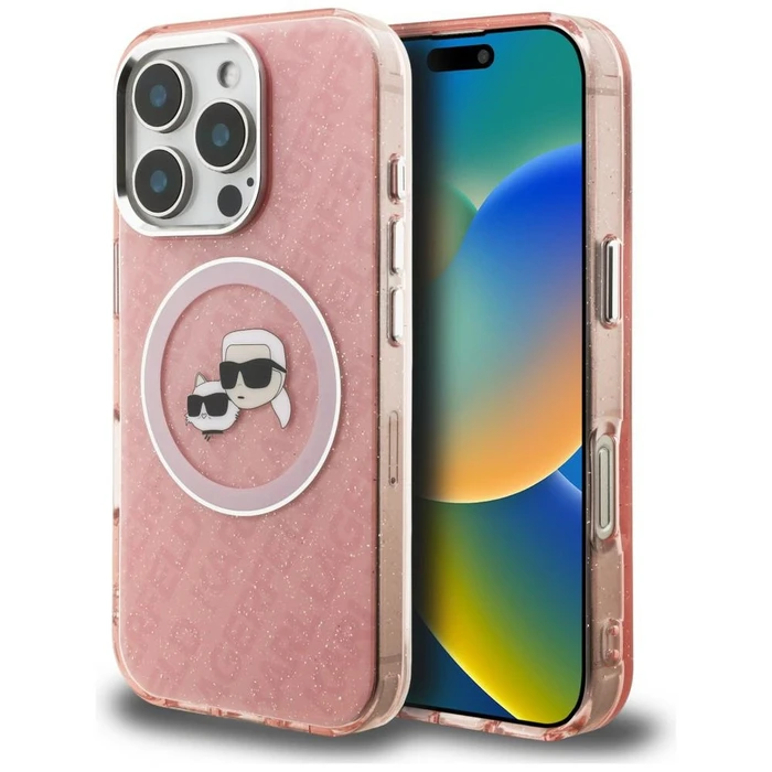 Karl Lagerfeld IML Glitter Karl & Choupette Heads Logo MagSafe Apple iPhone 16 Pro Max pink
