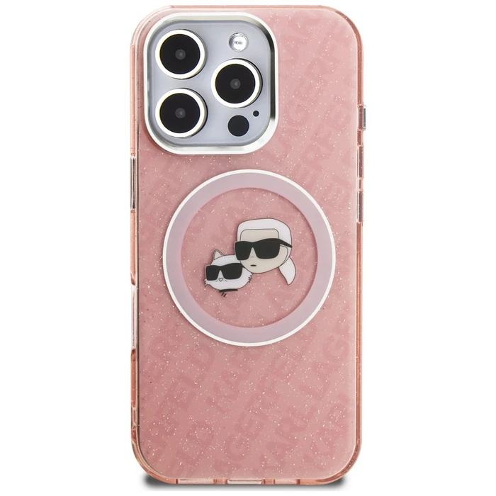 Karl Lagerfeld IML Glitter Karl & Choupette Heads Logo MagSafe Apple iPhone 16 Pro pink