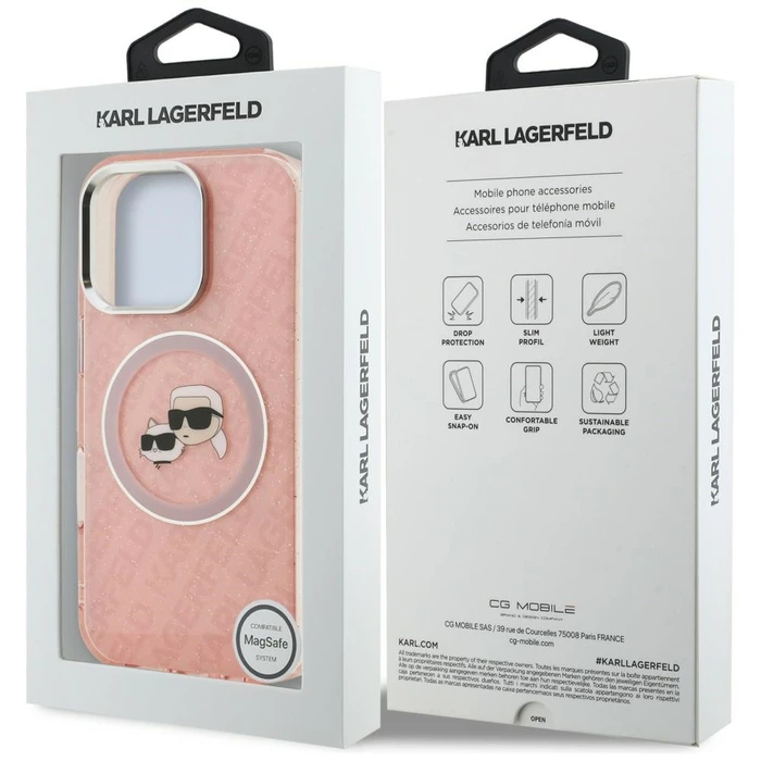 Karl Lagerfeld IML Glitter Karl & Choupette Heads Logo MagSafe Apple iPhone 16 Pro pink